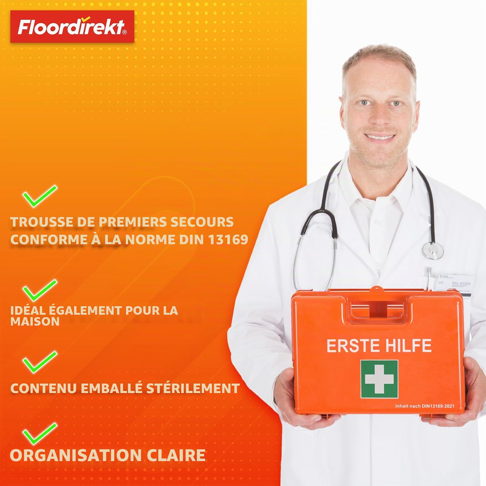 KARAT Boîte de premiers secours moyenne pour entreprises et maison DIN 13169:2021 remplie avec support mural | 1 kit de premiers secours pour bureau et gastronomie, boîte d'urgence jusqu'à 100