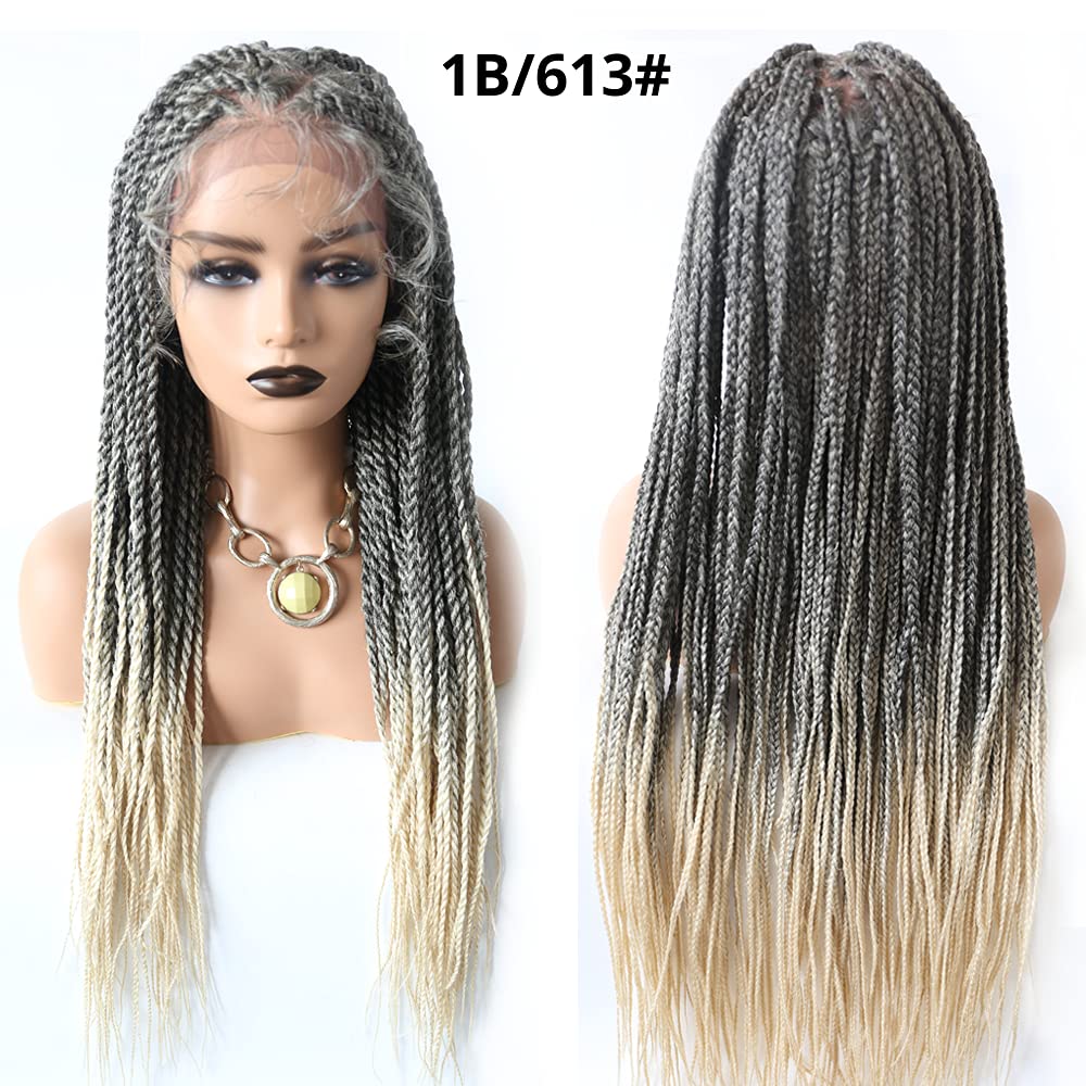 Lace Braids For Women 31'' Hand Braided Lace Front Wig Braiding Wigs With Baby Hair Long Box Braids With Premium Fiber Comfortable Lace Braids Wig #1B/613T Black Blonde Ombre