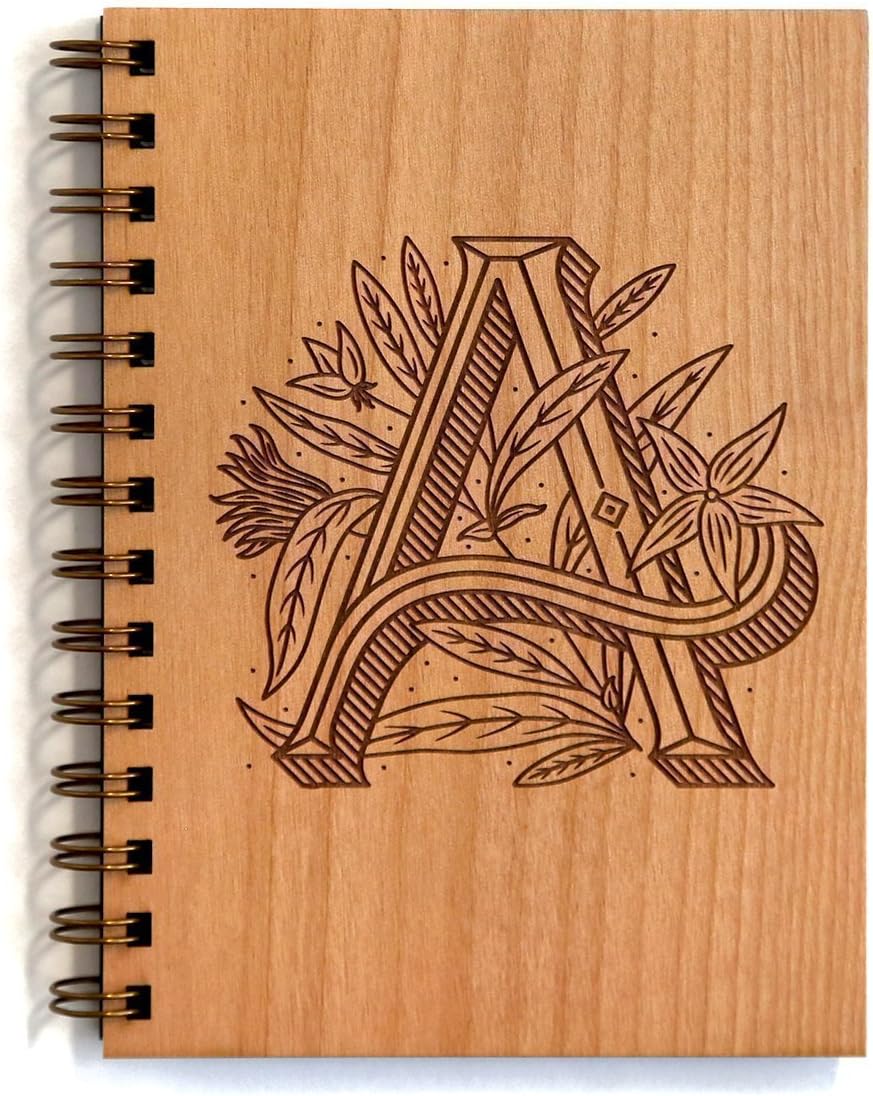 Floral Monogram A Wood Journal - Other Letters Available [Notebook, Sketchbook, Spiral Bound, Blank Pages]