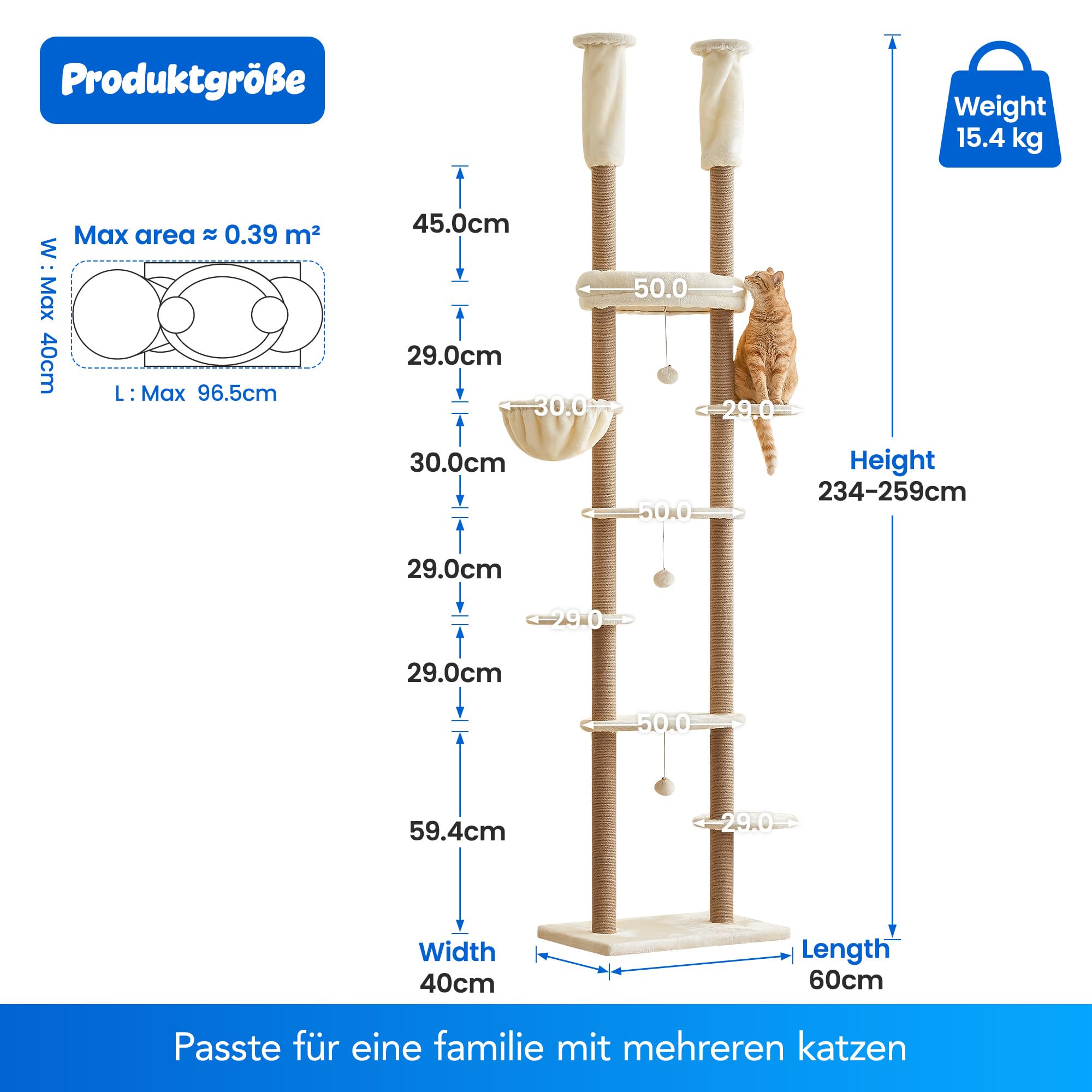 Deckenhoher Katzenbaum 234-259 cm höhenverstellbar, 2-Säulen-Design mit 12 sisalumwickelten Pfosten, mehrstöckig mit weichen Liegeflächen, Hängematte, Plattformen & Spielball, Beige
