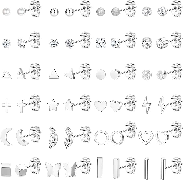 JeweBella 24 Pairs Small Stud Earrings Set for Women Men Surgical Steel Hypoallergenic Cartilage Helix Earrings Multiple Geometric Tiny Ball Star Moon Pearl Cubic Zirconia Piercing Stud Earrings Set