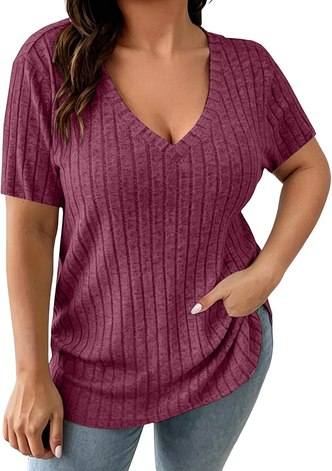 Ribbed Knit Summer T Shirts for Fat Women V Neck Plus Size Lightweight Summer Sweater Casual Tops Oversized Clothes