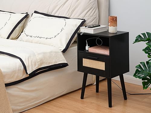 Miniatura 6 de Labcosi Mesita de noche de ratán natural, mesitas de noche de madera negra con estación de carga, mesa auxiliar moderna de mediados de siglo para