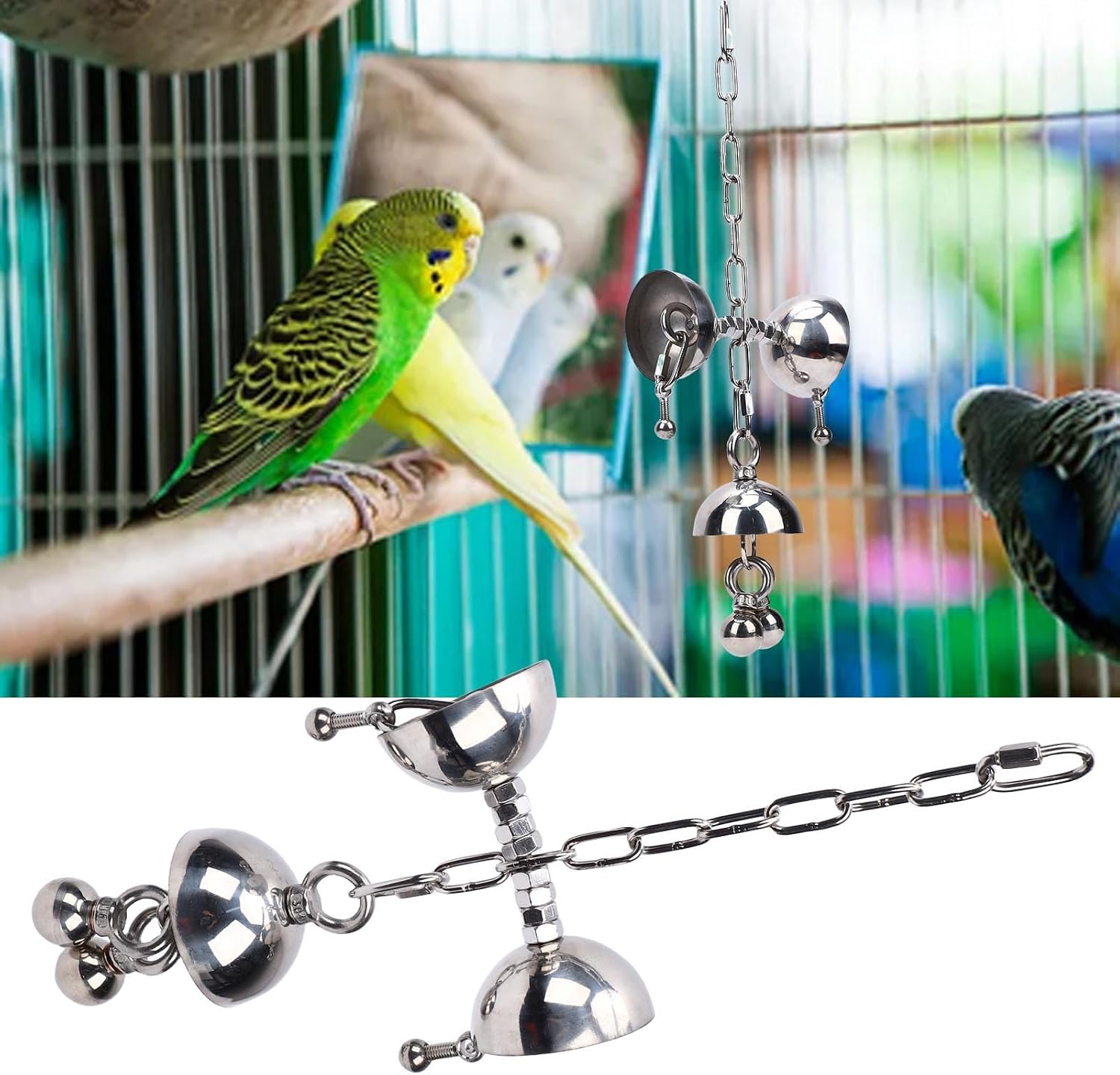 Bird Toys, Stainless Steel Bell Toy, 304 Stainless Steel Chew Play Item with Hanging for Large Parrots African Grey Cockatoo Macaw Conure Lovebird