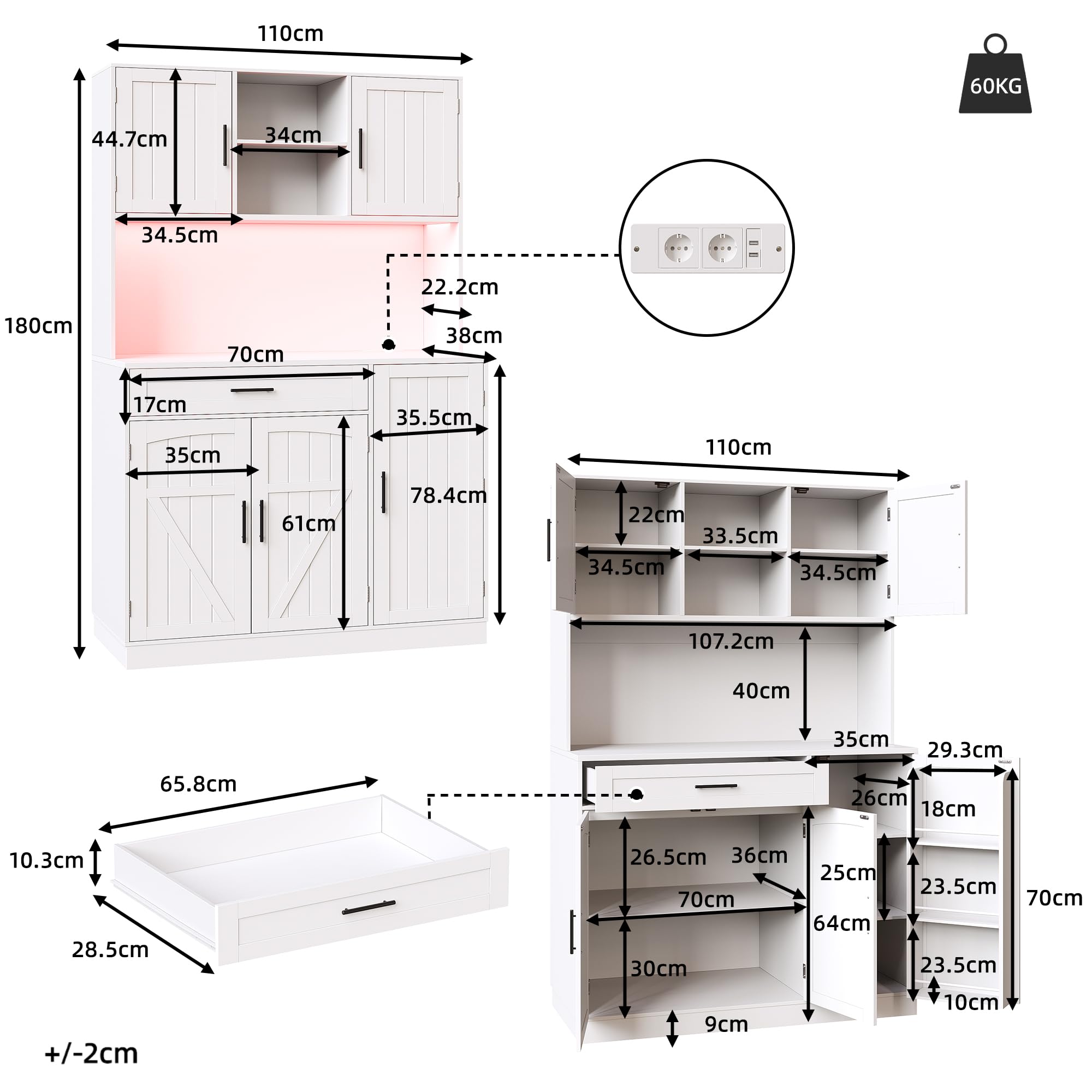 Seitenschrank, Aufbewahrungsschrank, Küchenschrank, 110x38x180 cm, Landhausstil, fünf Türen, mit LED-Leiste und Steckdose, Weiß