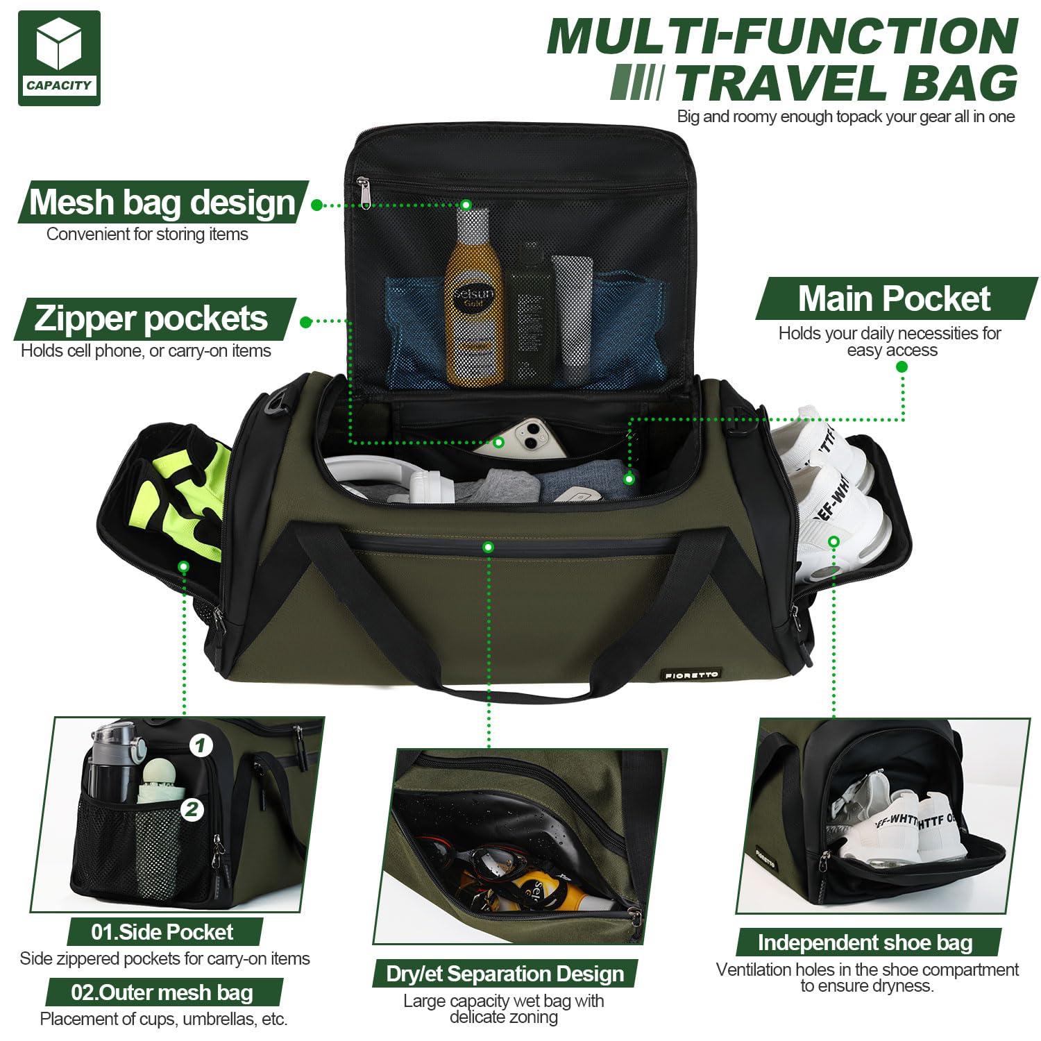 FIORETTO 45L Mens Sports Gym Bag with Wet Pocket & Shoe Compartment - Image 3