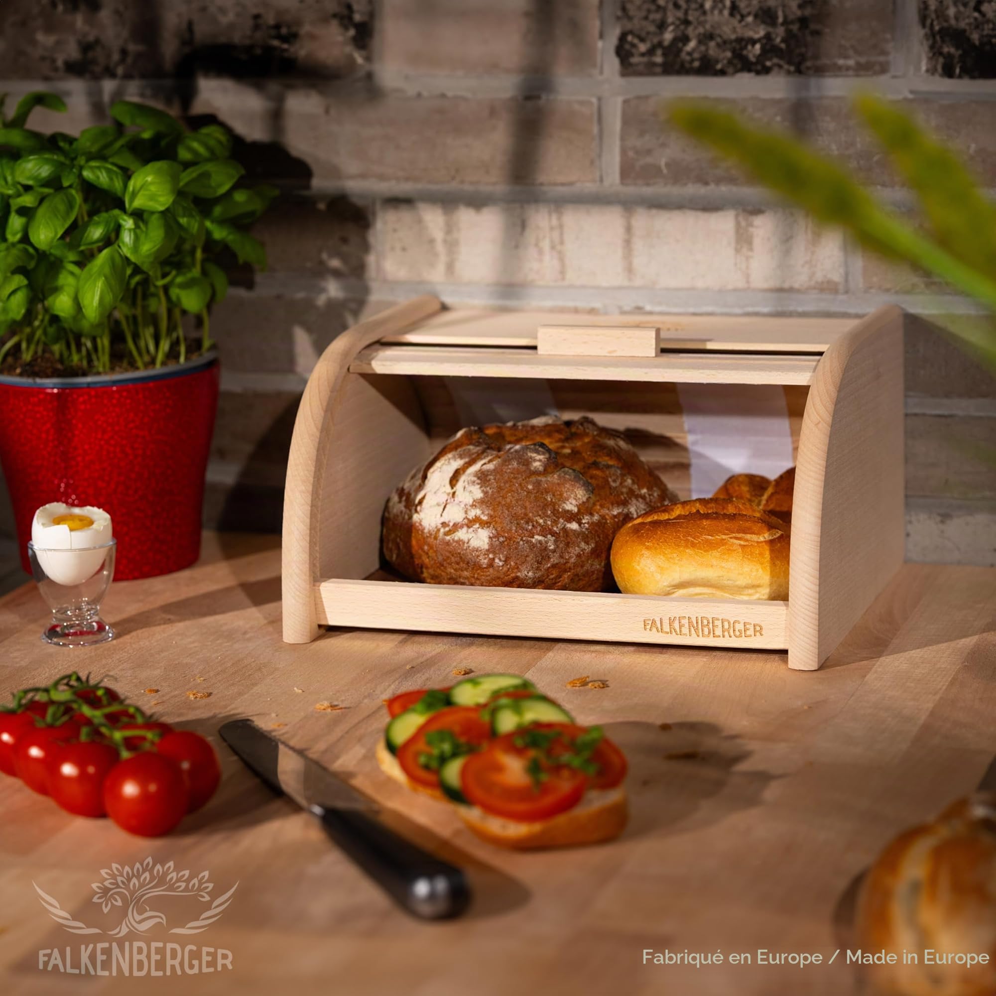 Boîte à pain en bois de hêtre Env. 32 x 25 x 16 cm M Boîte à pain à rouleau Boîte à pain traditionnelle avec couvercle roulant Fait main