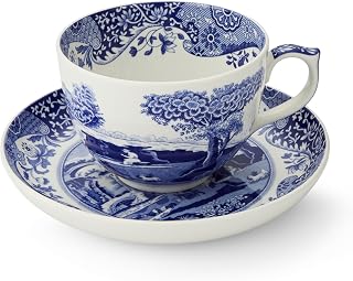 Portmeirion Spode Blue Italian Teacup and Saucer, 20-ounce Capacity, Jumbo Tea Set, Coffee Mug, Cup for Tea, Lattes, Espressos, and Hot Beverages - Blue &White