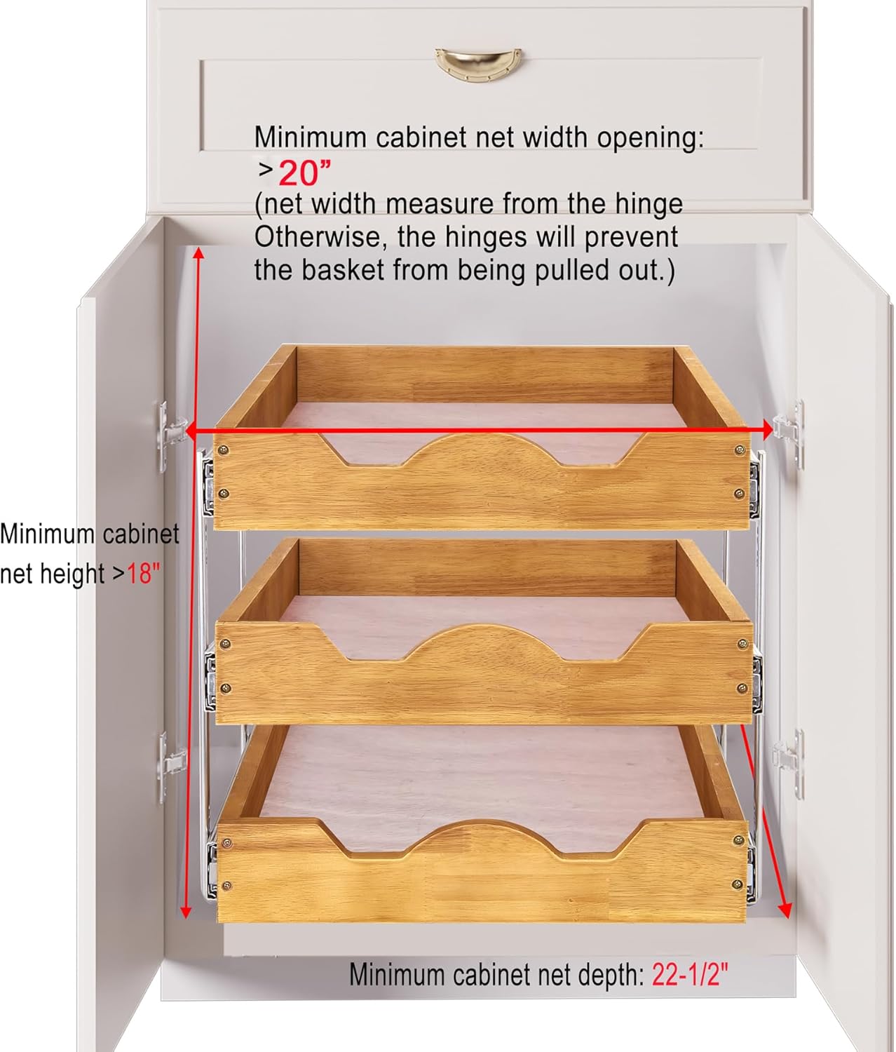 DINDON 3 Tier Pull Out Cabinet Organizer 20”W X21”D Slide Out Shelves With Shelf Liner for Kitchen Wood Roll Out Drawers Pantry Organization