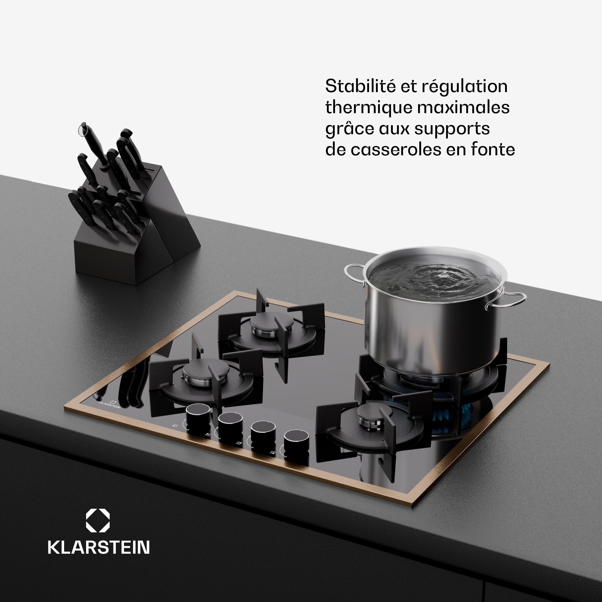 Klarstein Lumiflame Plaque De Cuisson Gaz, 4 Brûleurs 8 kW, Cadre Cuivre & Verre Trempé, Allumage Électrique, Sécurité FFD, Compatible GPL & Gaz Naturel, Supports Fonte