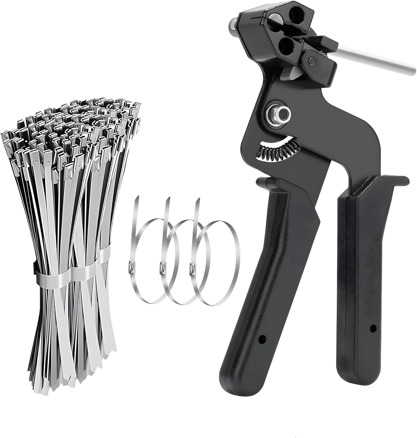 Stainless Steel Cable Tie With Gun 100 PCS 11.8" Metal Zip Ties, Heavy Duty Self-Locking Tool for Fastening & Cutting, Outdoor Fence & Pipe Organizer