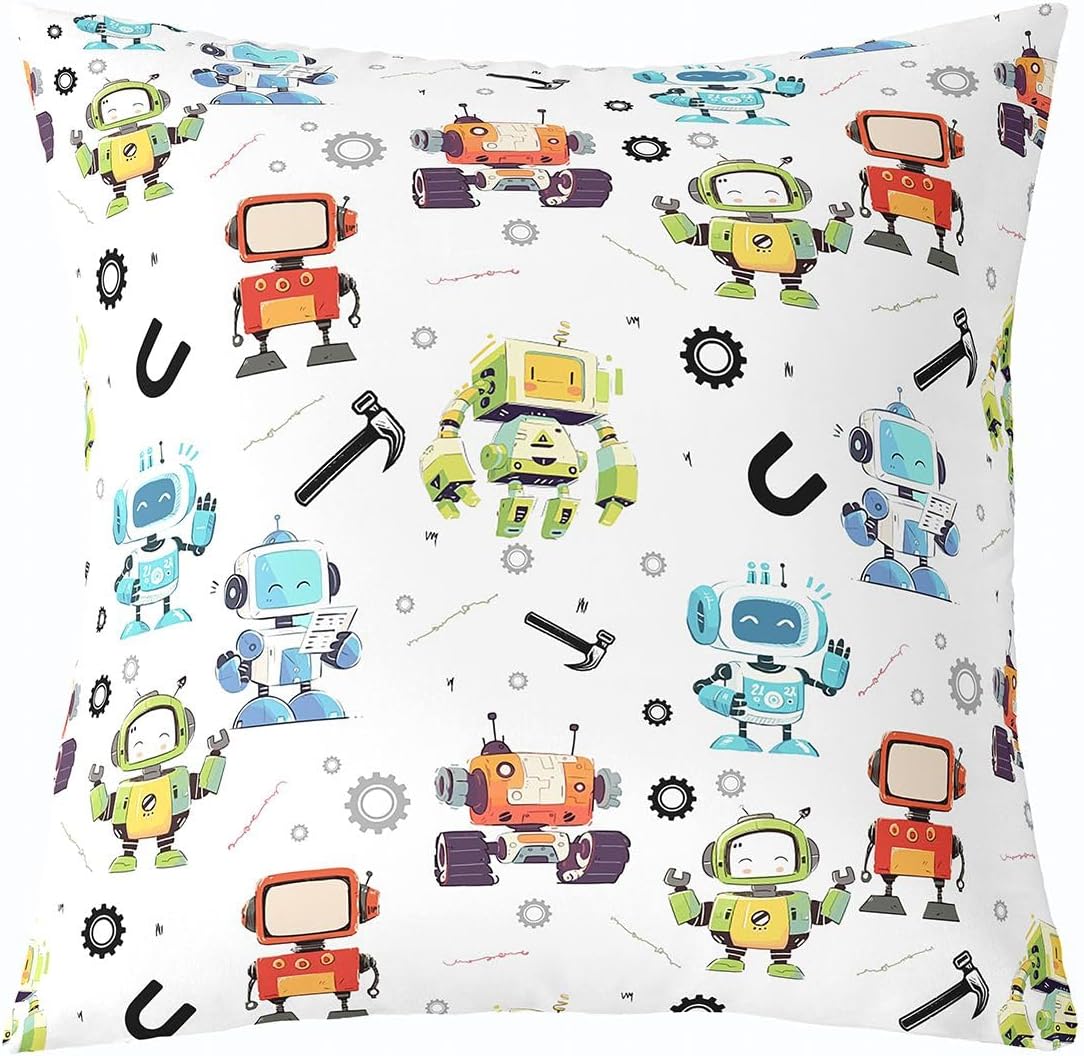 Castle Fairy Cartoon Robot Pillow Cover 18"x18" Pack of 1,Tool Parts Pattern Throw Cushion Cover,Cute Geometric Lines Pillowcase for Kids Boys Teens,Bule Green Throw Pillow Covers