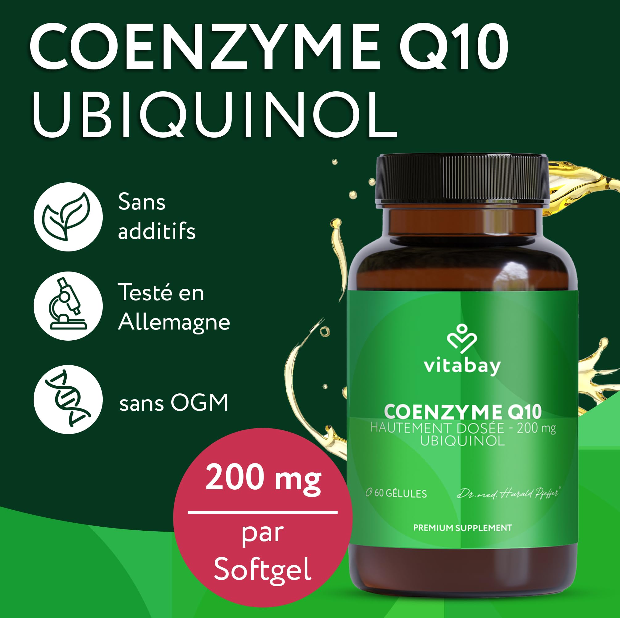 Vitabay Coenzyme Q10 Ubiquinol 200 mg – 60 capsules – hautement dosé – Q10 naturel sous forme active (ubiquinol) issu de fermentation végétale – sans additifs & testé en laboratoire en Allemagne