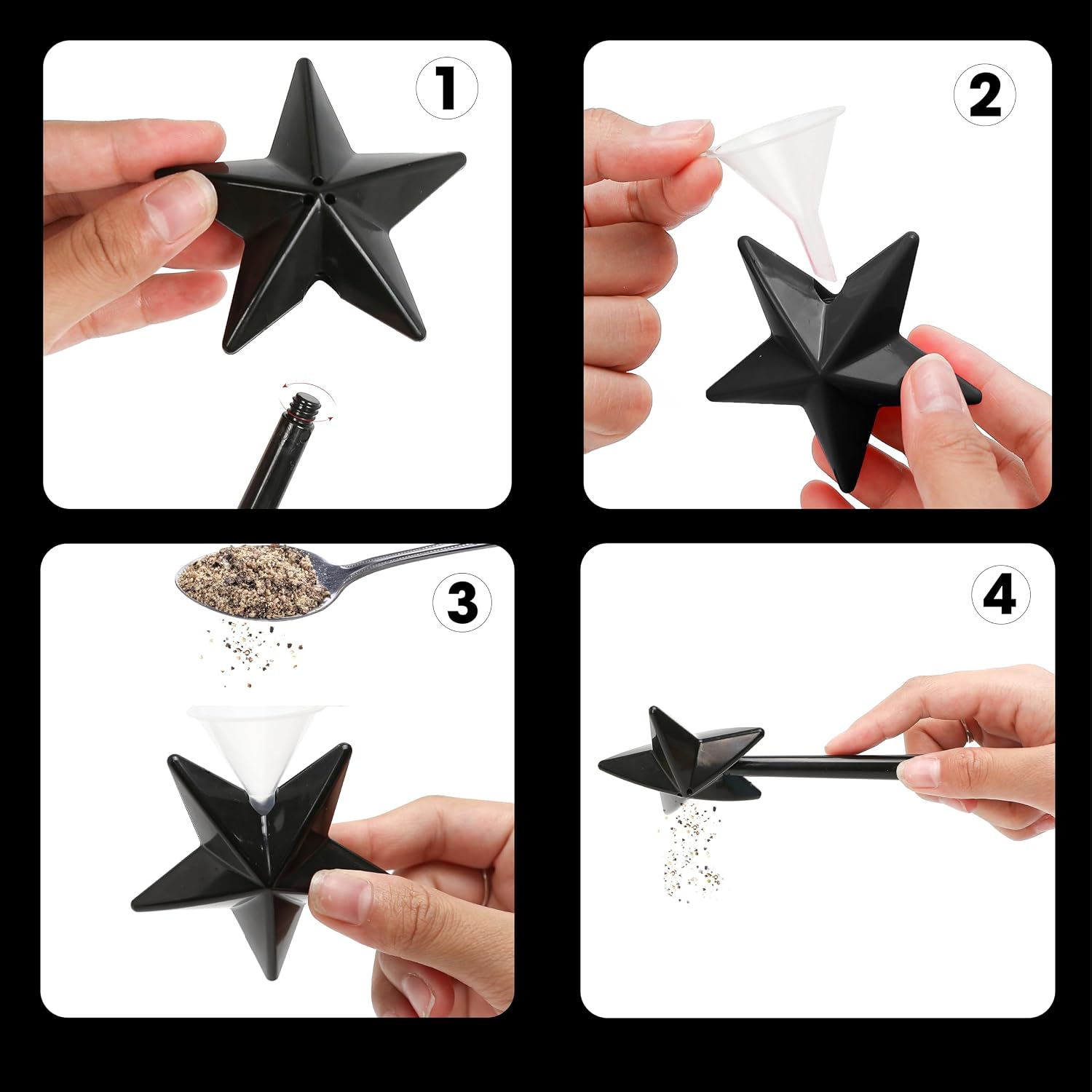 2PCS Salt and Pepper Wand Shakers, Salt Dispenser Magic Shape Fairy Star Pentagram, Three Hole Refillable Removable One Light Hand Operation, Kitchen Accessories for Halloween Christmas (White, Black)