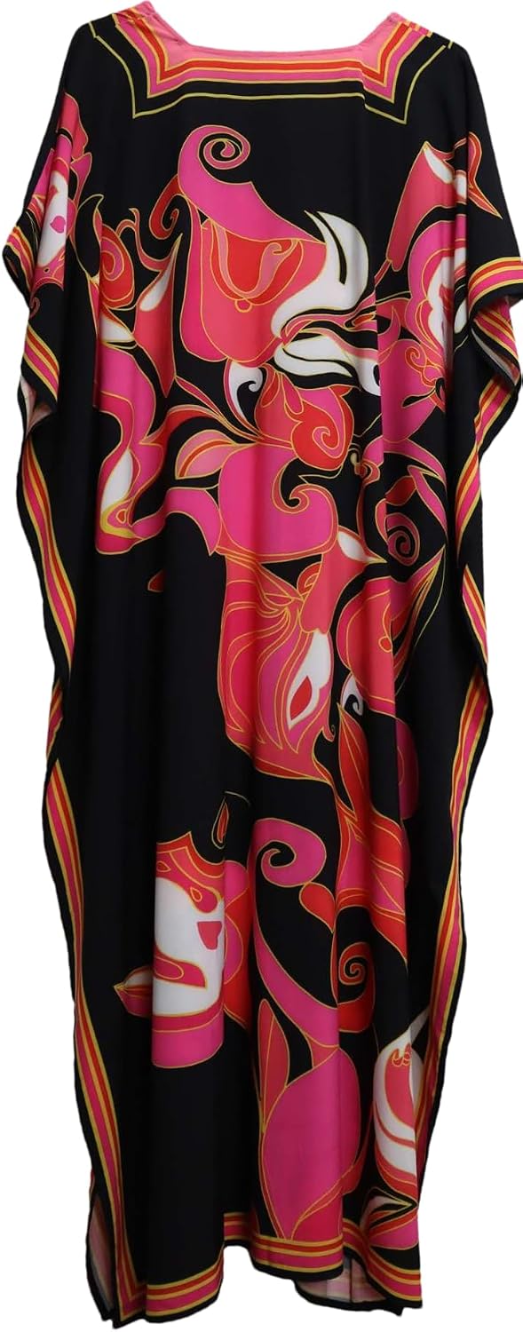 Cashew Flower Silk Caftan Women Vneck beach Cover up Caftans Loose Plus Size Floral Print Side Split Kaftan Dresses