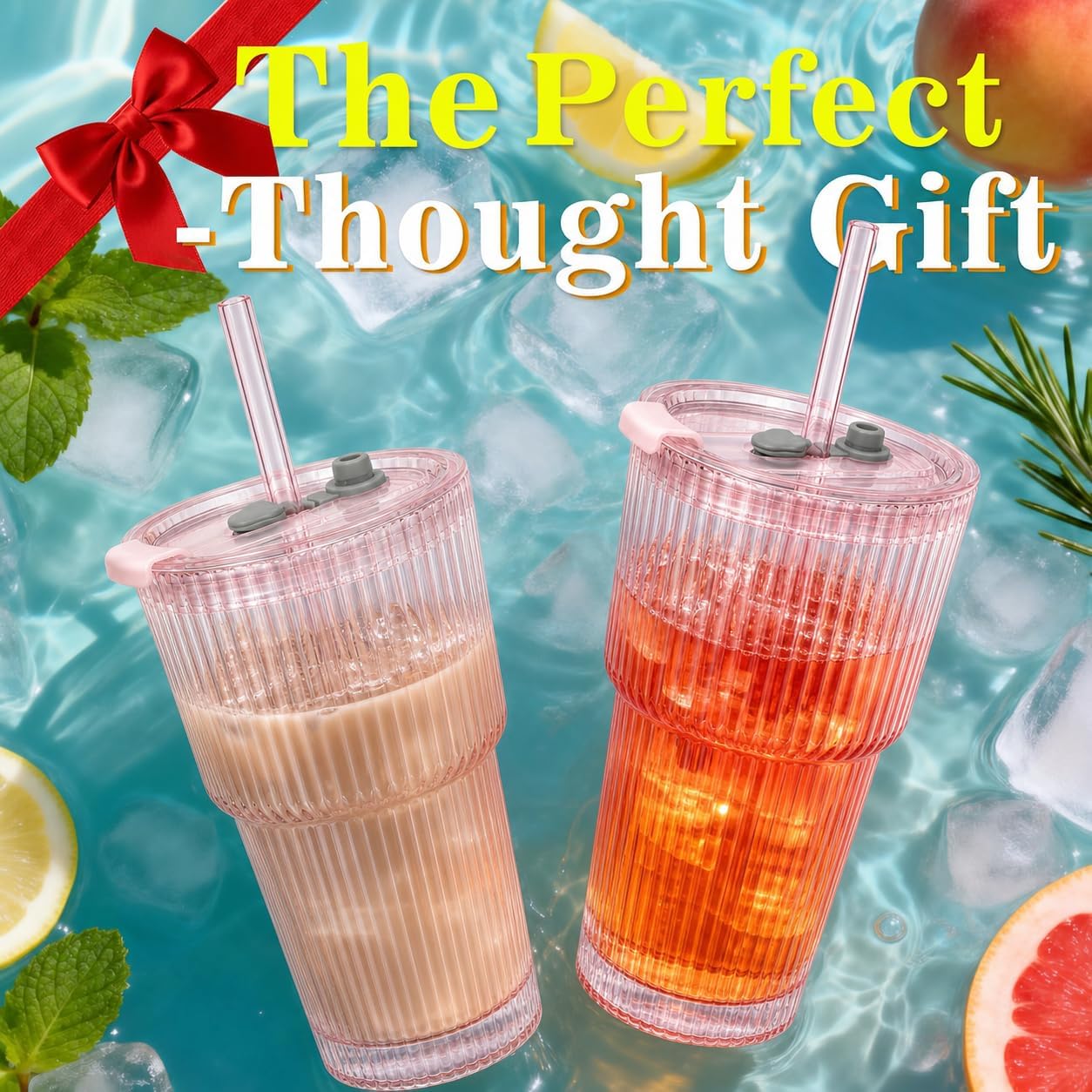 20oz Iced Coffee Cups with Lids - Set of 2, Pink, Reusable Glass Tumblers with Lids and Straws, Cute Ribbed Glassware for Cocktail Beer, Juice, Home, Office, Party Gifts, Dishwasher Safe