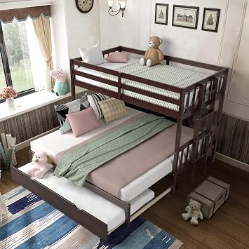 Giantex Twin Over Pull-Out Bunk Bed with Trundle, Extendable Twin/Full/Queen/King Bunk Bed, Solid Wood Bunk Bed with Ladder and Safety Rail, Wooden Bunk Beds for Kids Adults Teens, Espresso