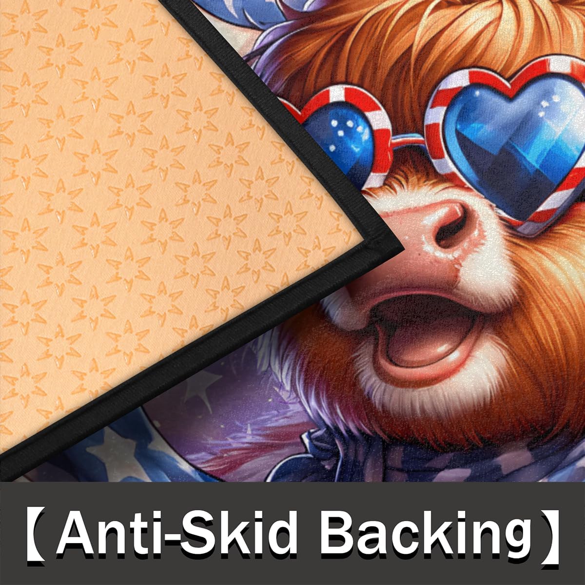 Half Round Door Mat Independence Day Highland Cow Cute Half Moon Rug Washable Half Circle Area Rugs Indoor Entrance Non Slip Semi Circle Bathroom Rugs Floor Carpet for Kithen Bedroom Fireplace Decor