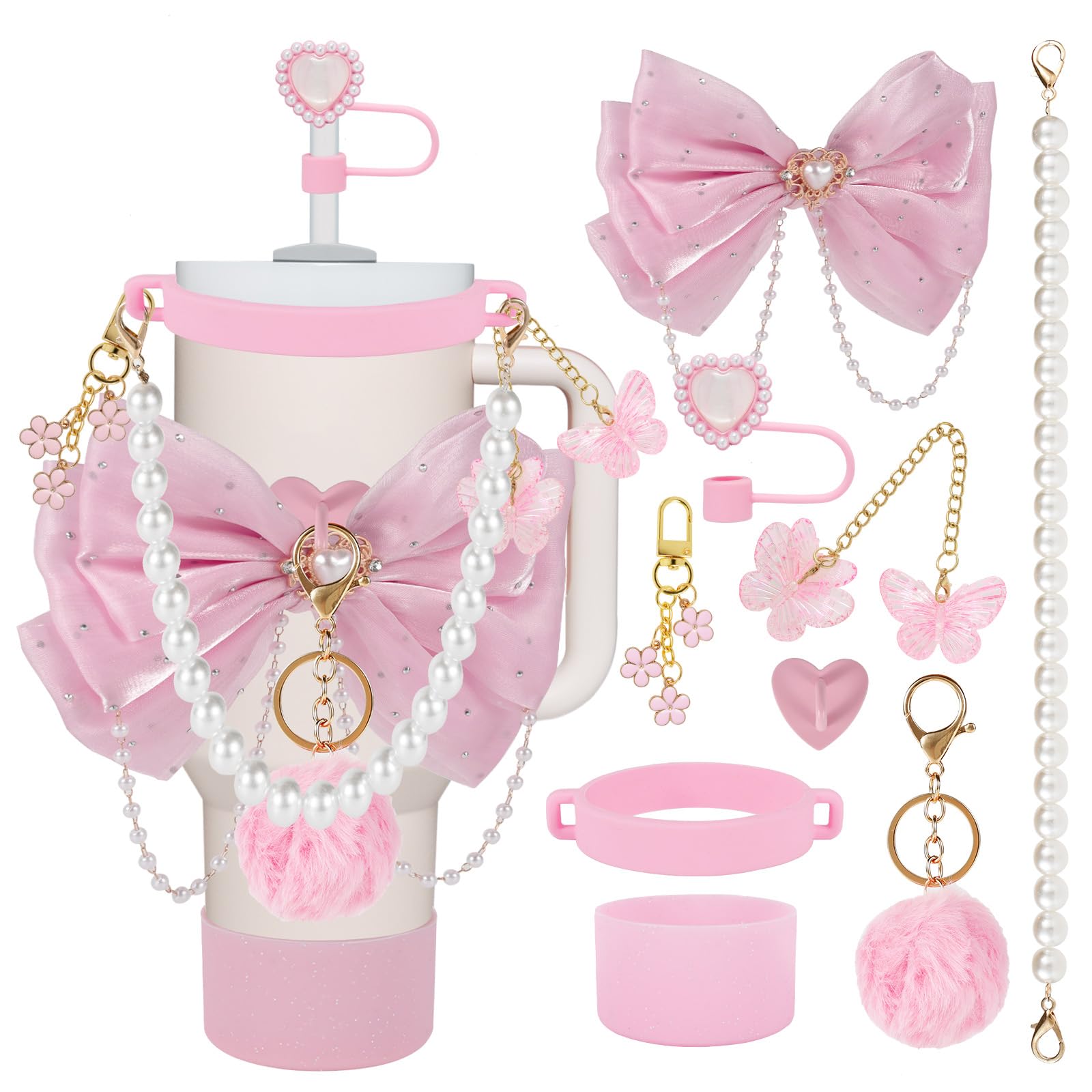 9PCS Cup Accessories Set for 20/30/40OZ Tumbler, Bow Water Bottle Accessories Set, Including Bottle Cover Cup Strap Chain Pendant Bow Decoration Butterfly Pendant, Water Bottles Decor for Women