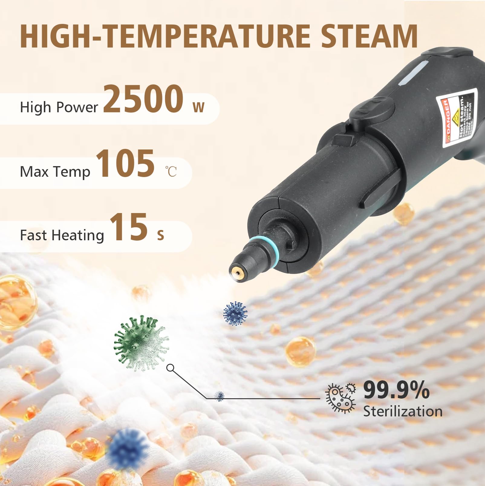 Limpiador de Vapor 2500 W, 4 Bar, limpiador de vapor de alta presión | dispositivo de mano con kit de limpieza de suelos, depósito de agua de 1,8 L, Calentar durante 15S