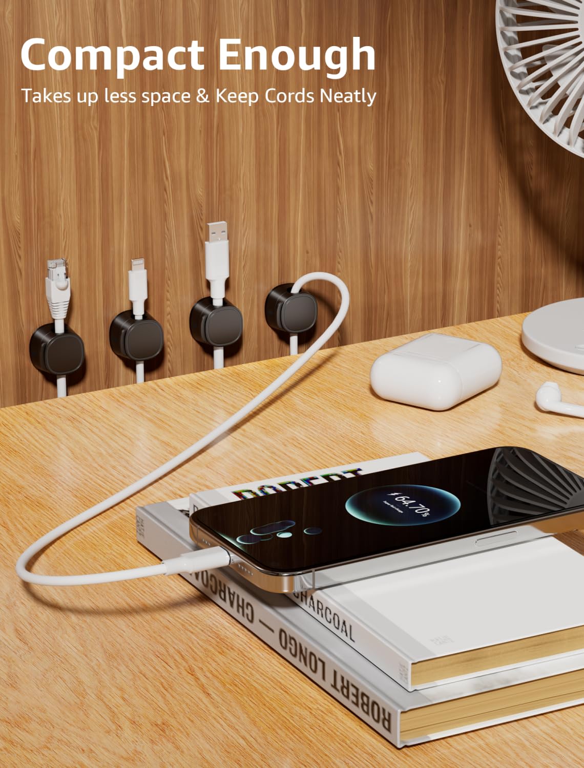 Clips magnéticos para cables, paquete de 12 unidades compactos [bloqueo de 1 segundo] soporte de cable [suave ajustable], soporte de cable de teléfono para mesita de noche, organizador de