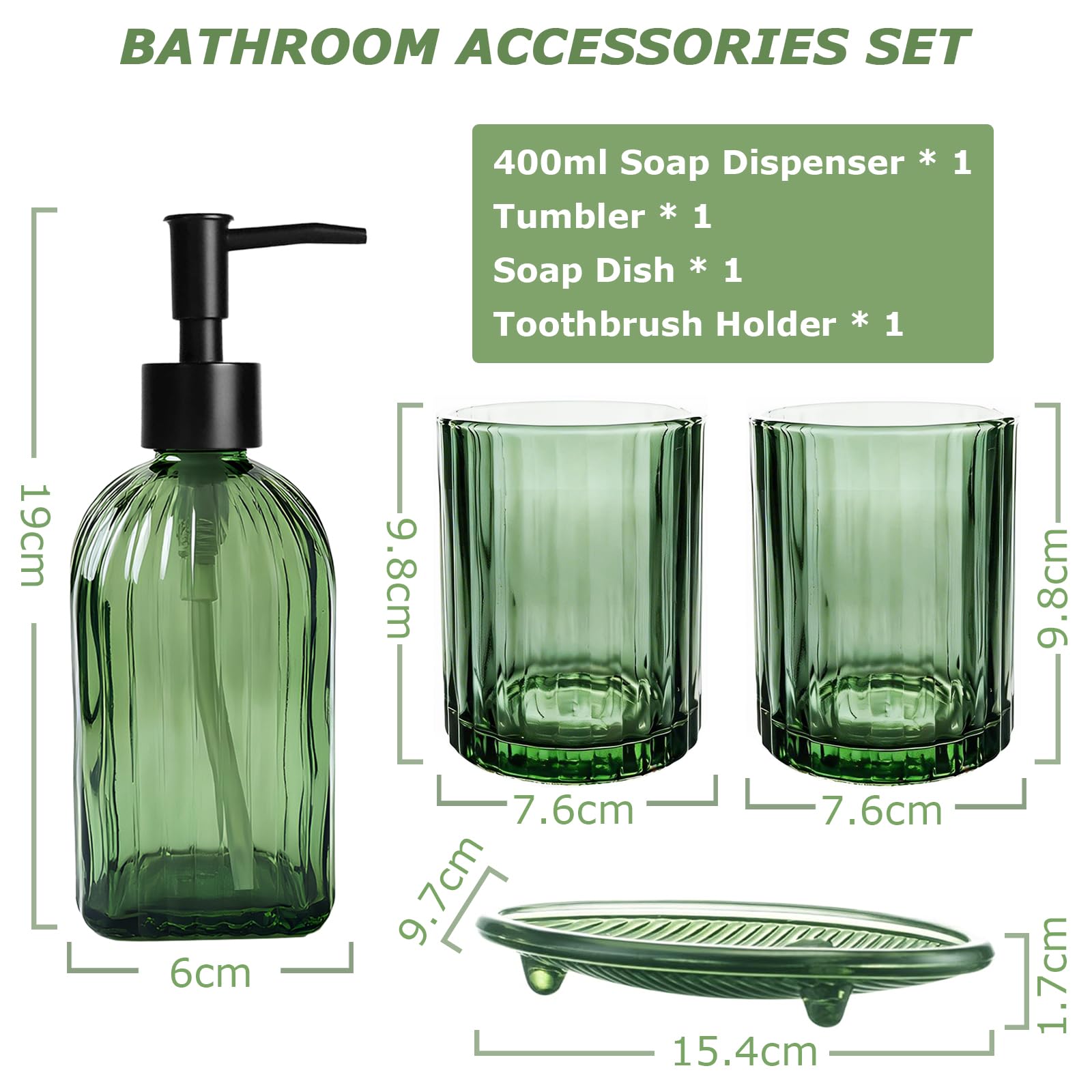 Lot de 4 accessoires de salle de bain modernes – Distributeur de savon, porte-savon, gobelet et porte-brosse à dents, distributeur de savon en verre pour salle de bain, évier, coiffeuse (vert)