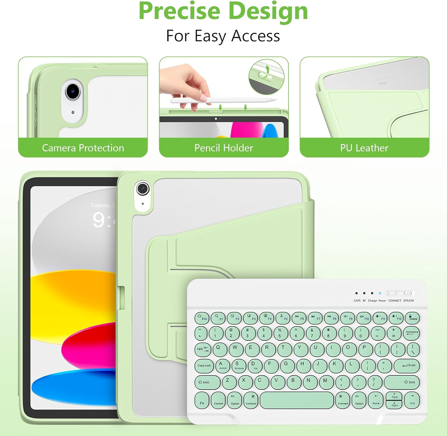 besky Keyboard case for iPad A16 11th 10th Generation 11/10.9 inch, Detachable Keypad，360 Rotatable Magnetic Cover with Pencil Holder for iPad 11 2025 10 Gen 2022 - Matcha Green - Image 5