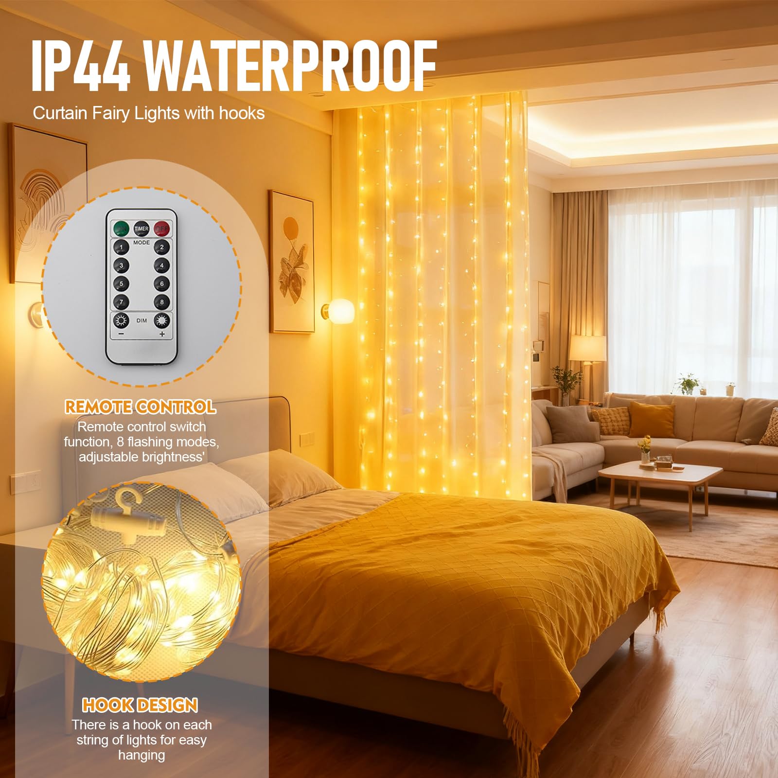 Curtain Lights Indoor Outdoor,3m×3m 300LED Window Curtain Fairy Twinkle Lights with 8 Modes Adjustable Brightness,Waterfall Hanging Curtain Light Plug in for Bedroom,Garden,Party,Wedding,Christmas - Image 4