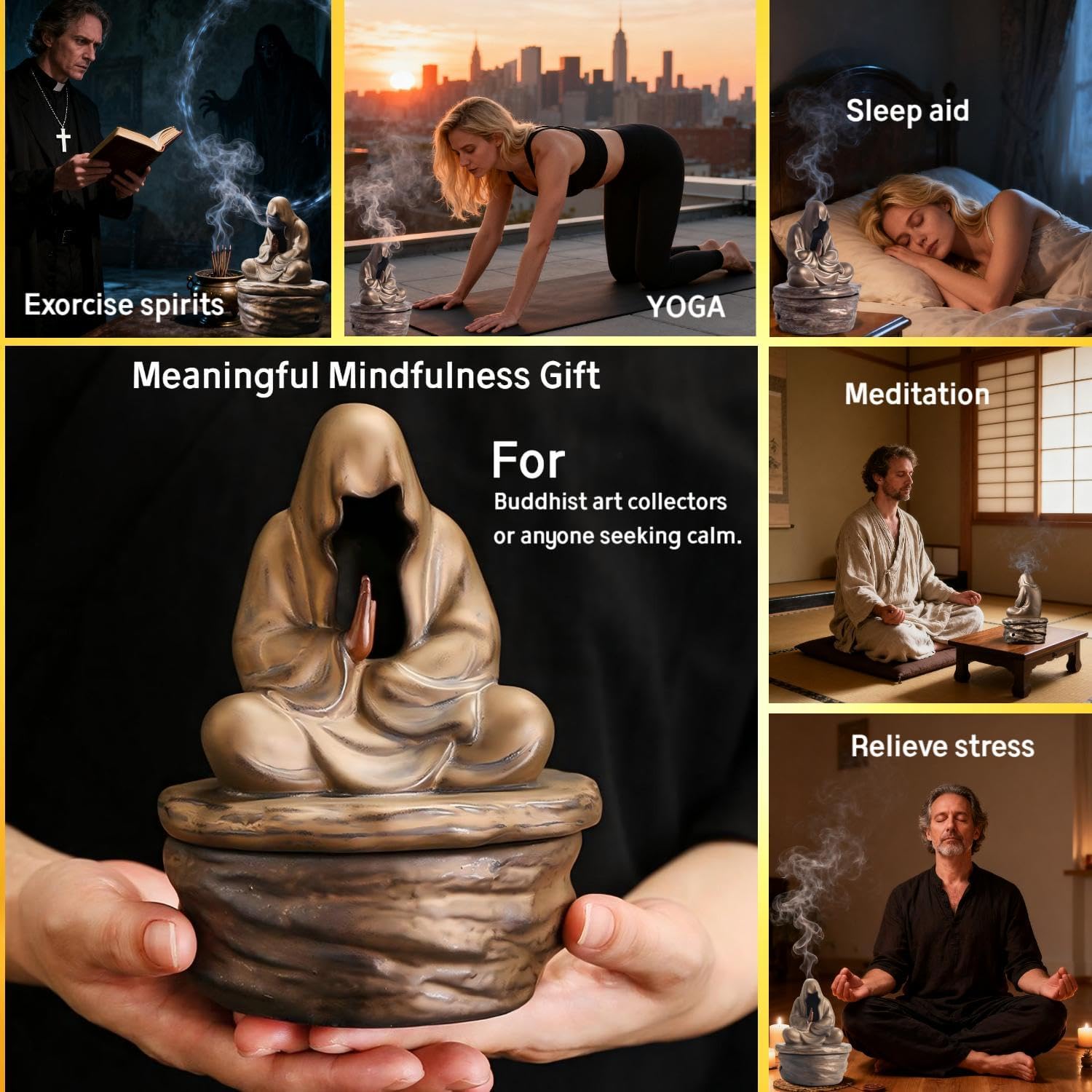 Ceramic Faceless Buddha Incense Burner - Cone/Coil Incense Holder for Zen Meditation, Home Decor to Ward Off Negativity