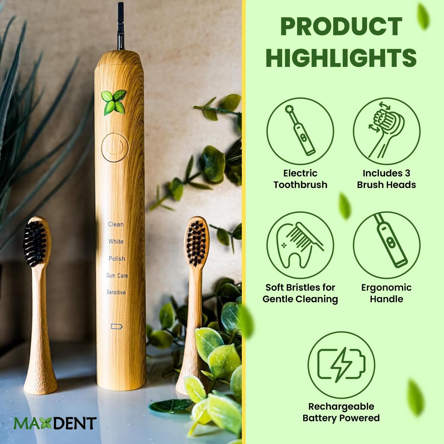 Rechargeable Electric Toothbrush, Soft Bristle Adult Oral Care with 3 Bamboo Replacement Heads, Electric Toothbrush for Adults, Sustainable Rechargeable Dental Hygiene