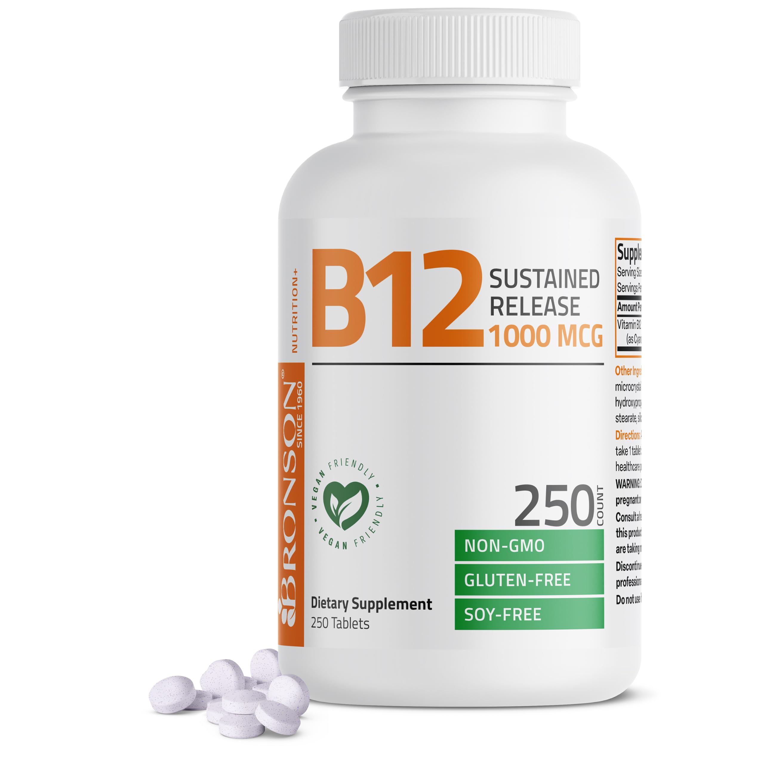 Bronson Vitamin B12 1000 mcg Sustained Release, Energy Support, 250 Tablets 250 Count (Pack of 1)