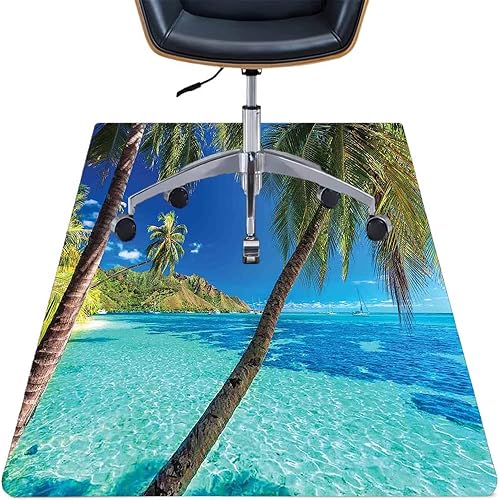 Ocean - Tapete para silla de escritorio de madera dura, imagen de una isla tropical con las palmeras y la impresión temática de playa de mar