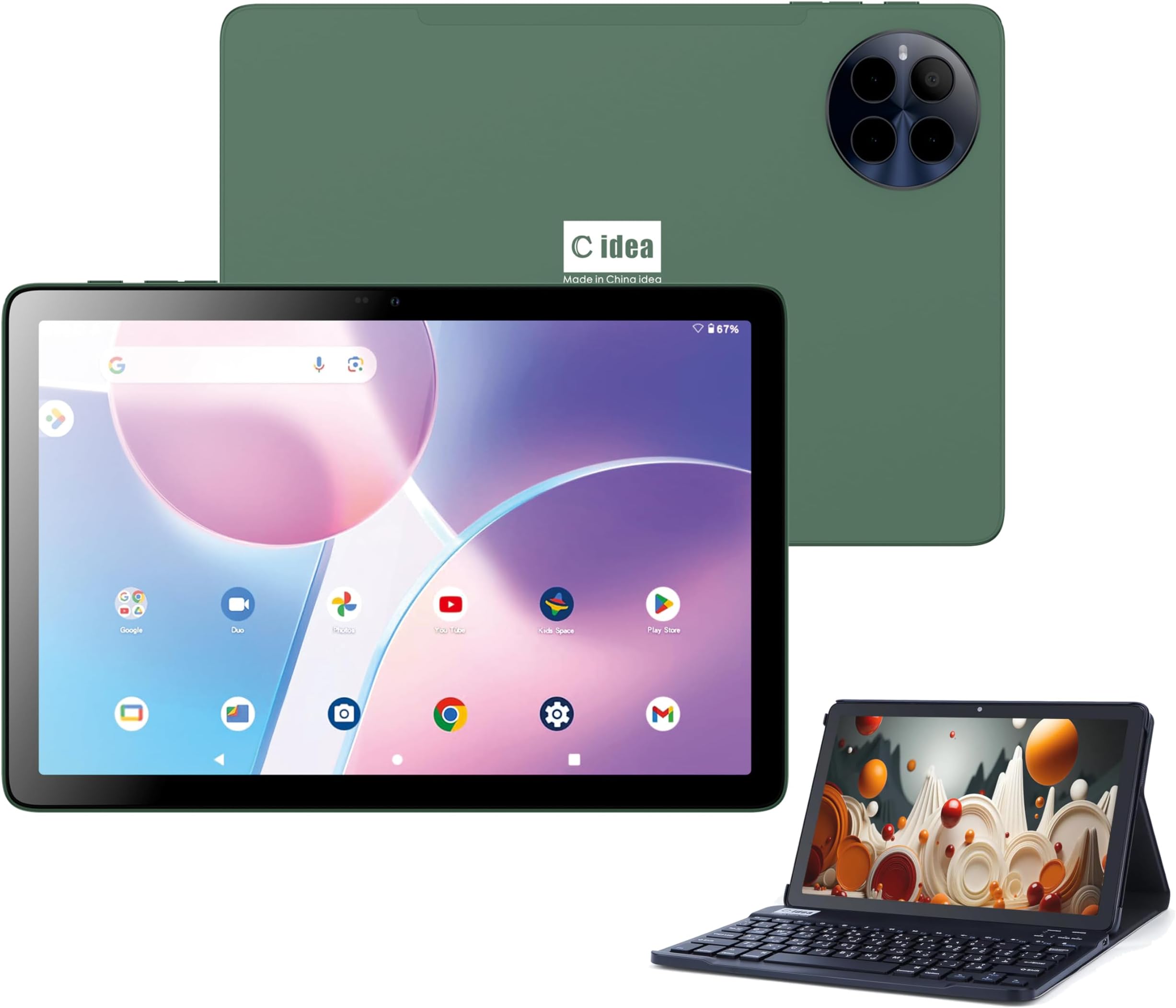 C idea 10" Smart Tablet CM8800 Plus, Android 13 Kids Computer Tab, Wiresless Keyboard Mouse Supported, Dual SIM 5G LTE Wifi, Zoom & Tiktok Supported with Earbuds/Bluetooth Mini Speaker (Green)