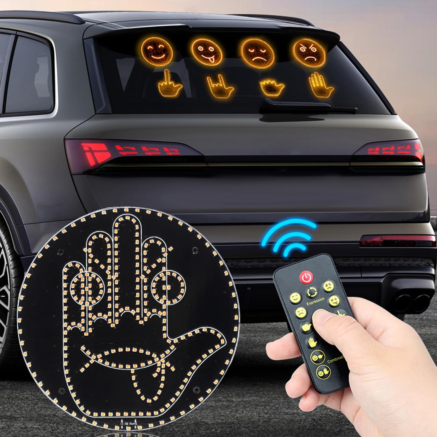 Finger Car Light with Remote 4 Emojis and 4 Gestures Cool Car LED Sign Road Rage LED Sign for Car Fun Car Gadgets Truck Accessories for Men & Women