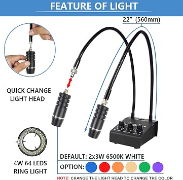 Microscope Light Source Dual Gooseneck Spotlight 6W 6500K for Lab, Industrial, Biological Stero Microscope Illuminator for Electronic PCB Watch Repair (Spotlight-A)