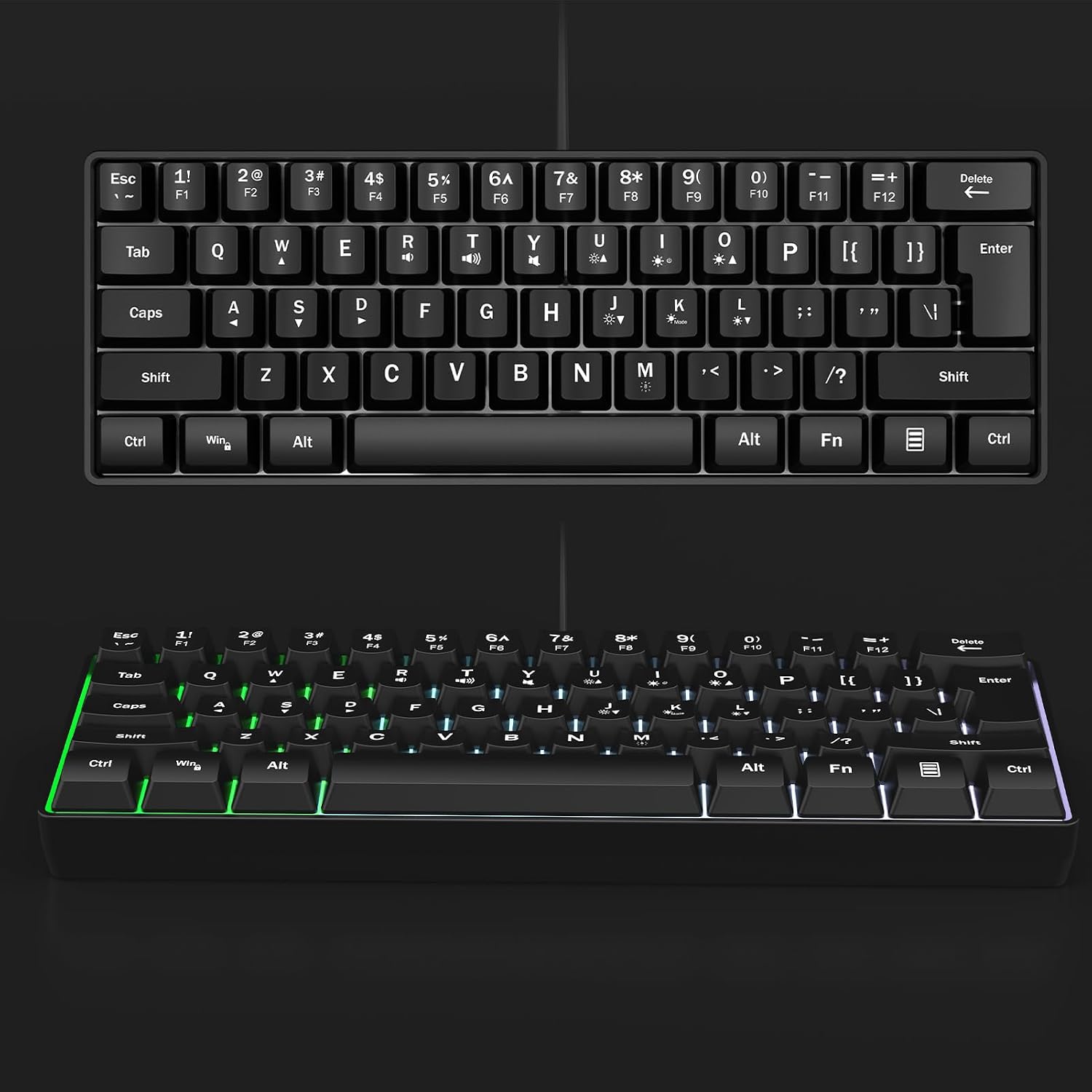 Wired RGB Gaming Membrance Keyboard. 60 Percent Mini Creamy LED Computer Keyboard .Small Ergonomic Clicky Teclado with ABS Backlit Unreplaceable Keycaps.(Black Case + Black Keycaps) - 6
