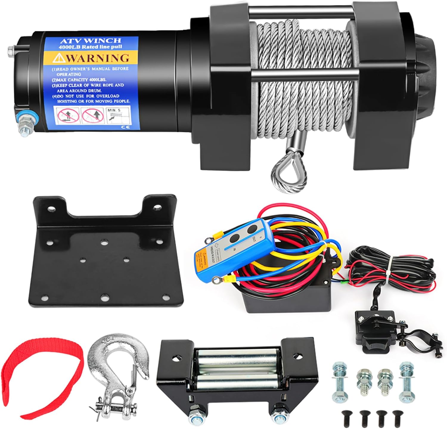 4000LBS winch kit, 4000LBS ATV UTV Truck winch, 12V 4000LBS Steel Cable Winch, with Wireless Remote Controller & Control Box & Roller Fairlead & Mounting Plate, Hook