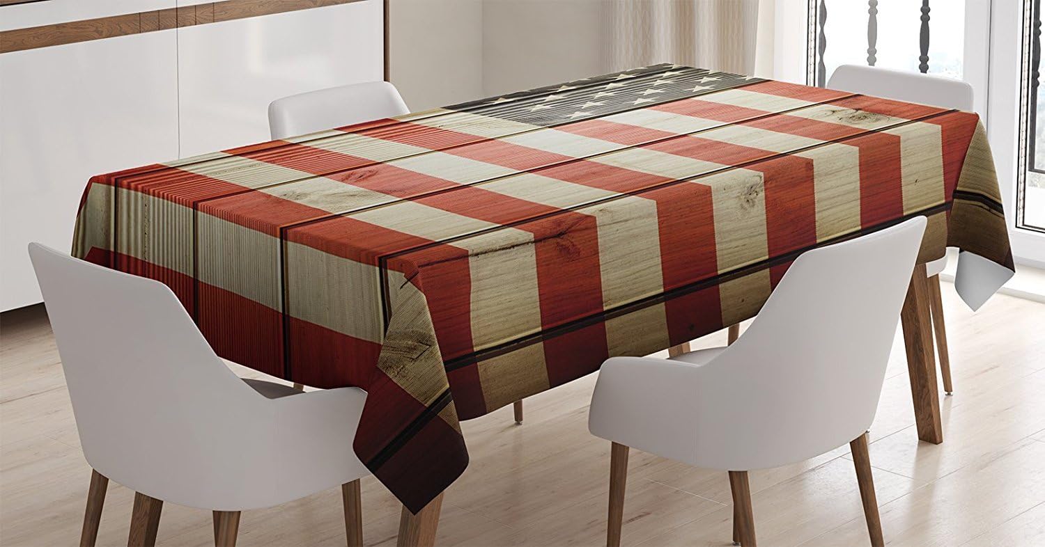 Ambesonne American Flag Tablecloth, USA Flag Over Vertical Striped Wooden Board Citizen Solidarity Artwork, Dining Room Kitchen Rectangular Table Cover, 52" X 70", Coral Cream