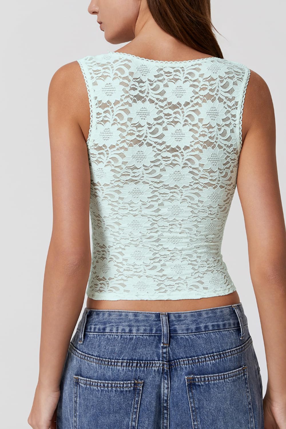 QINSEN Women's Lace Trim Square Neck Sleeveless Double-Layer Tank Top - Image 4