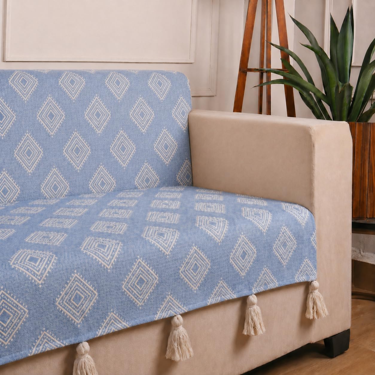 STITCHNEST 'Verdant Rekhika Stories' 2 Seater Sofa Cover | Full Coverage with Armrest Pockets | Elegant Jacquard Fabric, Decorative Tassels, Washable & Durable for Modern Living