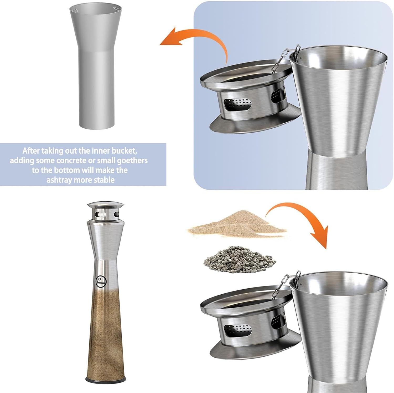 Outdoor Stainless Steel Standing Ashtray, Standing Trash, Large Capacity Trash Bin with Removable Inner Bucket for Office Hotel Home Patio Backyard(Mobile)