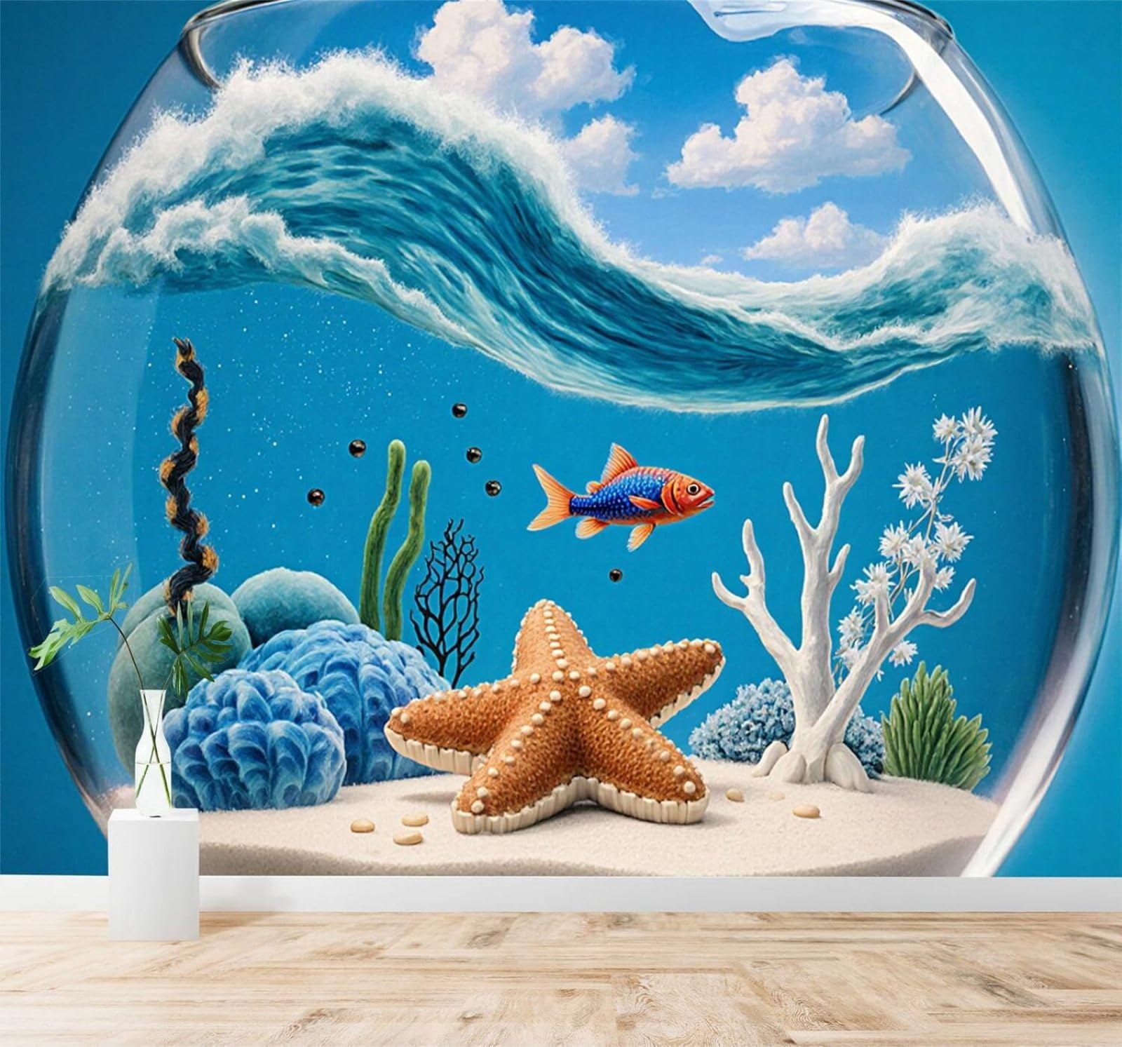 XLMING Starfish Coral Ocean Waves Glass Bowl Sea Fish 3D Wallpaper Silky Texture Home Study Office Grey Dining Room Sofa Bedroom Living Room TV Backdrop-200cm×140cm