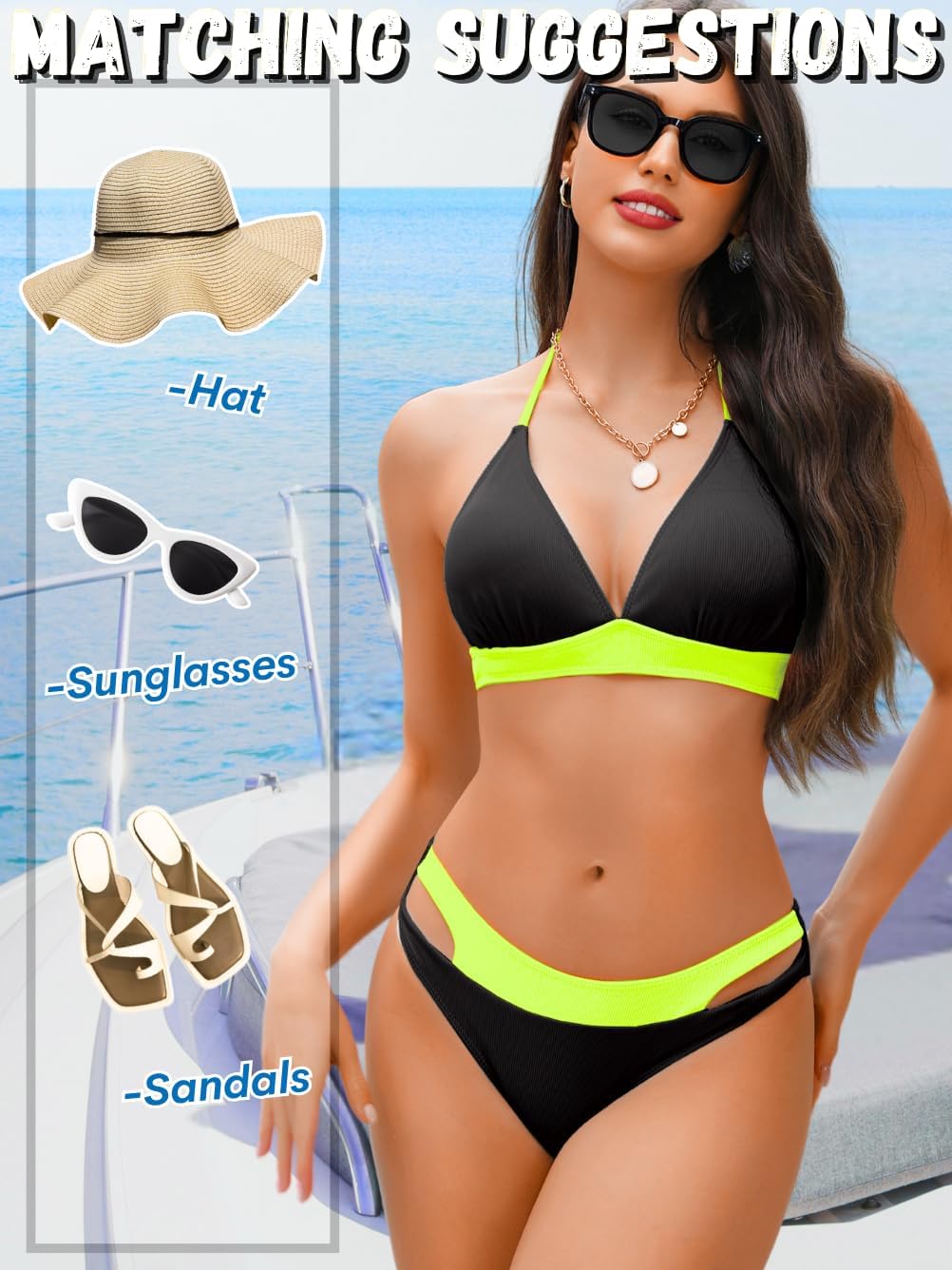 Women Sexy Ribbed Color Block Bikini Sets, Halter Triangle Two Piece Swimsuit, Cut Out Low Rise Cheeky Bathing Suit - Image 5