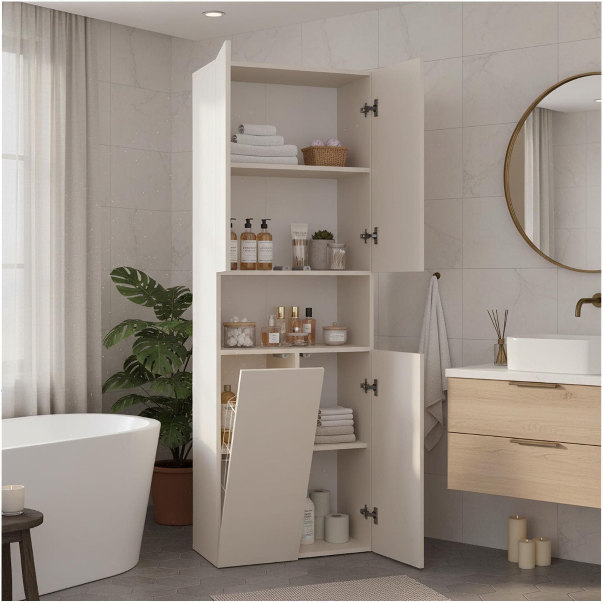 CDF Badezimmerschrank Bad Schrank Mit Wäschekorb Kashmir Badschrank Mehrzweckschrank Badregal Stehend Hochschrank Offene Regale Tür Bodenschrank Allzweckschrank 1 Wäschekorb 174x60x30