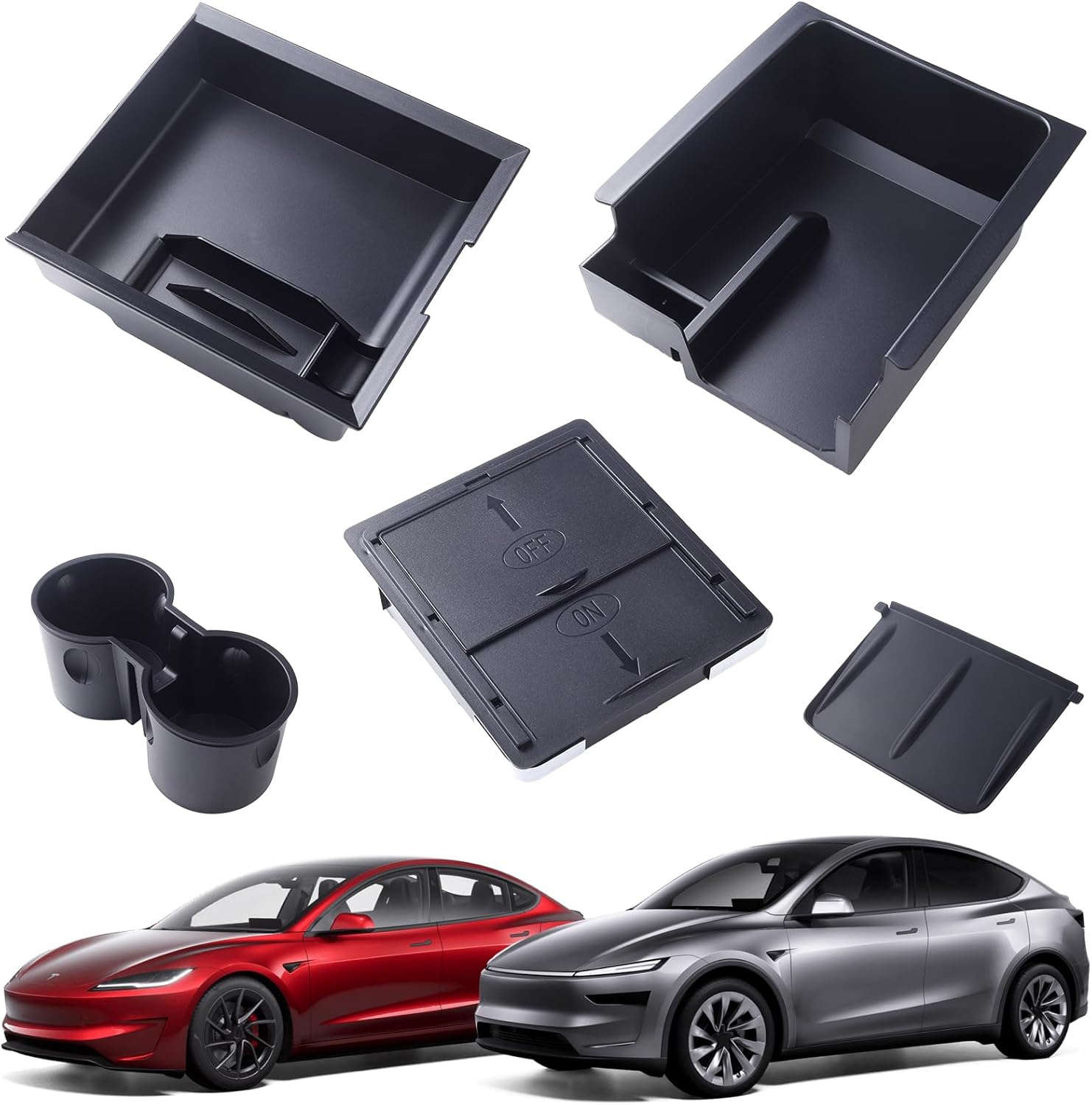 5Pcs Center Console Organizer Tray for Tesla Model Y 2020-2024 and Model 3 2017-2023 Armrest Storage Tray and Hidden Storage Box, Cup Holder Insert, Wireless Silicone Pad Model 3 Highland