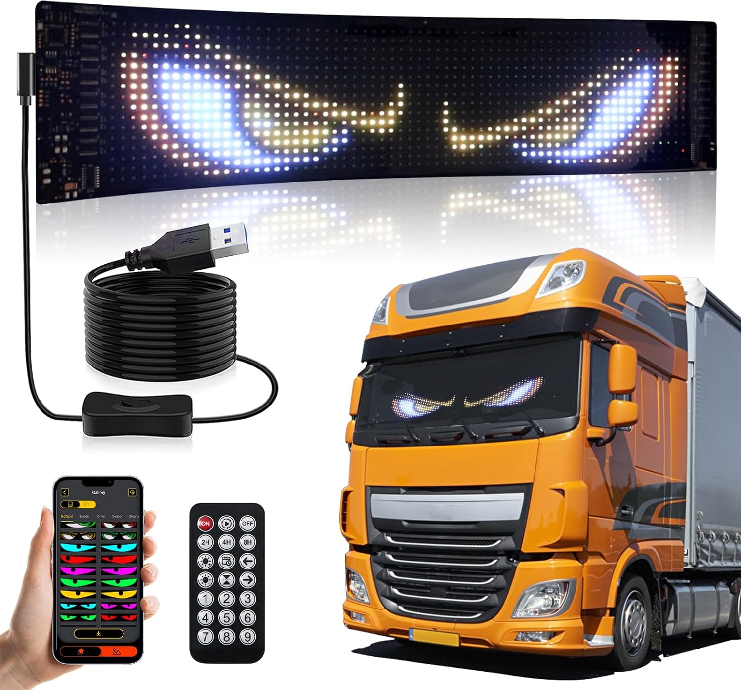 LED Eye Lights for Car Windshield, 52.36''x7.56'' Large Devil Eye Lights for Truck, Programmable Flexible Led Display Soft Screen, Dynamic Scrolling Car Led Sign, Remote & Bluetooth APP Control