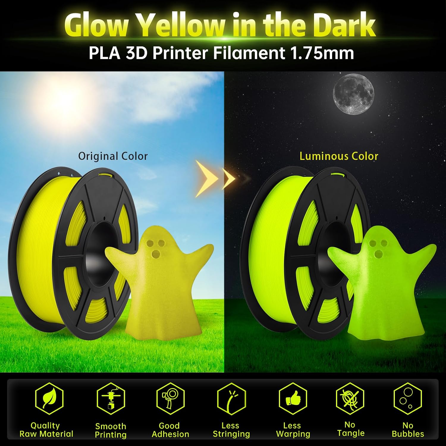 SUNLU Glow in The Dark PLA Filament, Neatly Wound Luminous PLA 3D Printer Filament 1.75mm Dimensional Accuracy +/- 0.02mm, Fit Most FDM 3D Printers, 1kg Spool (2.2lbs), (Yellow PLA, Glow Yellow)