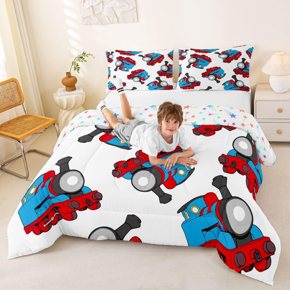 Feelyou Train Bedding Set Kids Cartoon Car Comforter Set Boys Girls Train Travel Decor Comforter Microfiber Construction Red Blue Duvet Bedroom Quilt King Size