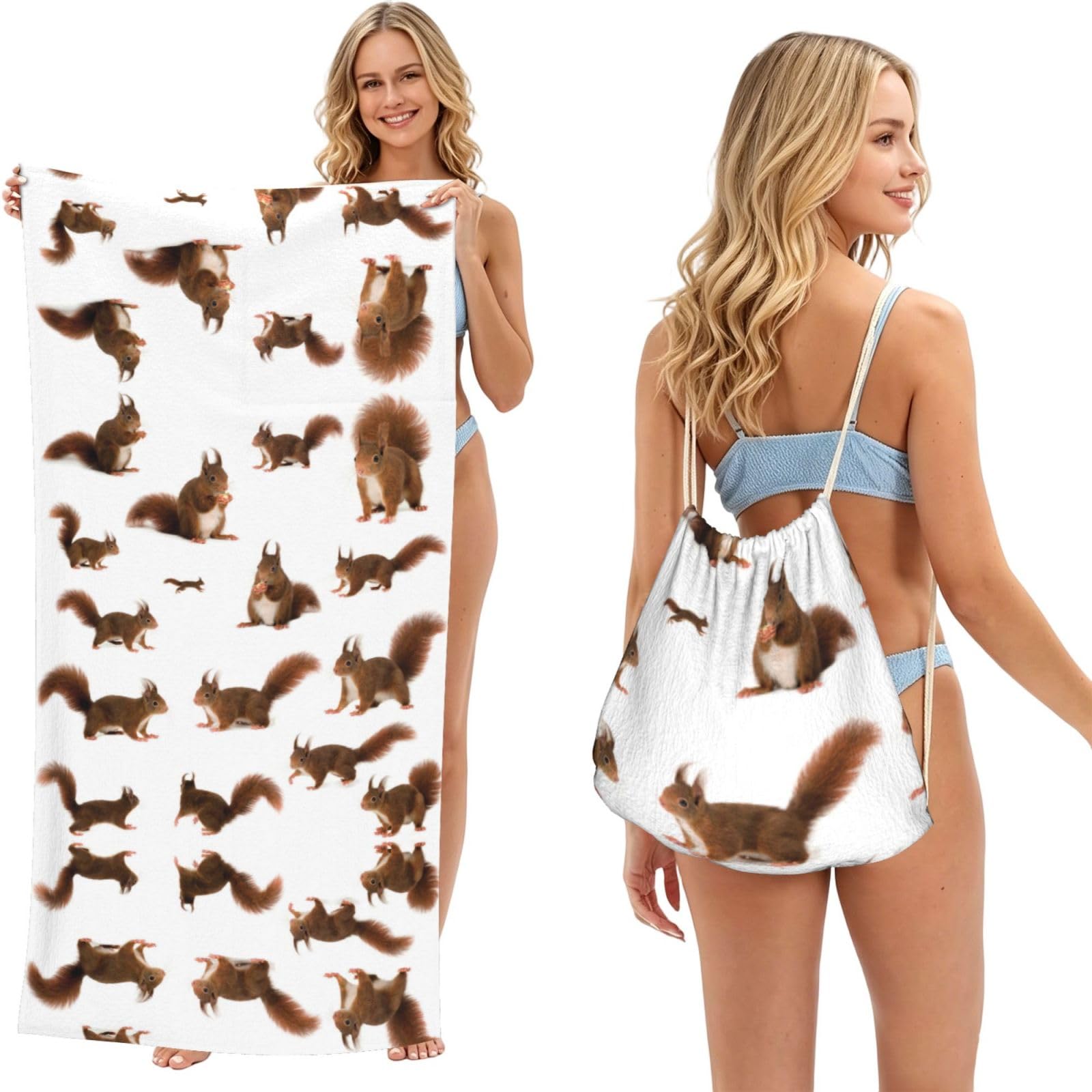 ESNAIUVCD Cute Squirrels Print Beach Towel For Adults,Towel With Drawstring Bag, Travel Pool Swimming Sports Shower Sand Free Quick Dry Bath Towel For Pool, Beach, Yoga- 180x60cm