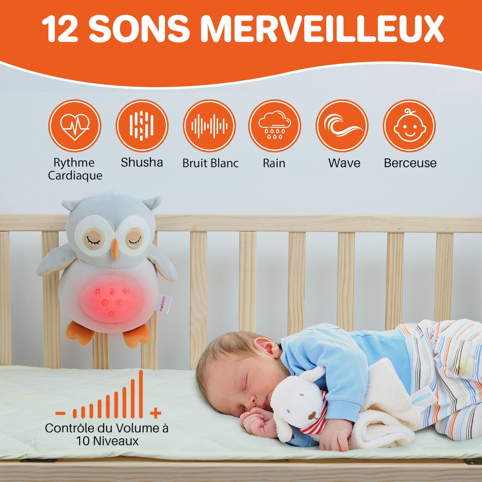 FUNYKICH Peluche Hibou Apaisante Hochets Apaisants avec Bruit Blanc pour Bébé Jouet Musical Lumineux pour Nourrissons Veilleuse Peluche Lavable en Machine avec Partie Détachable